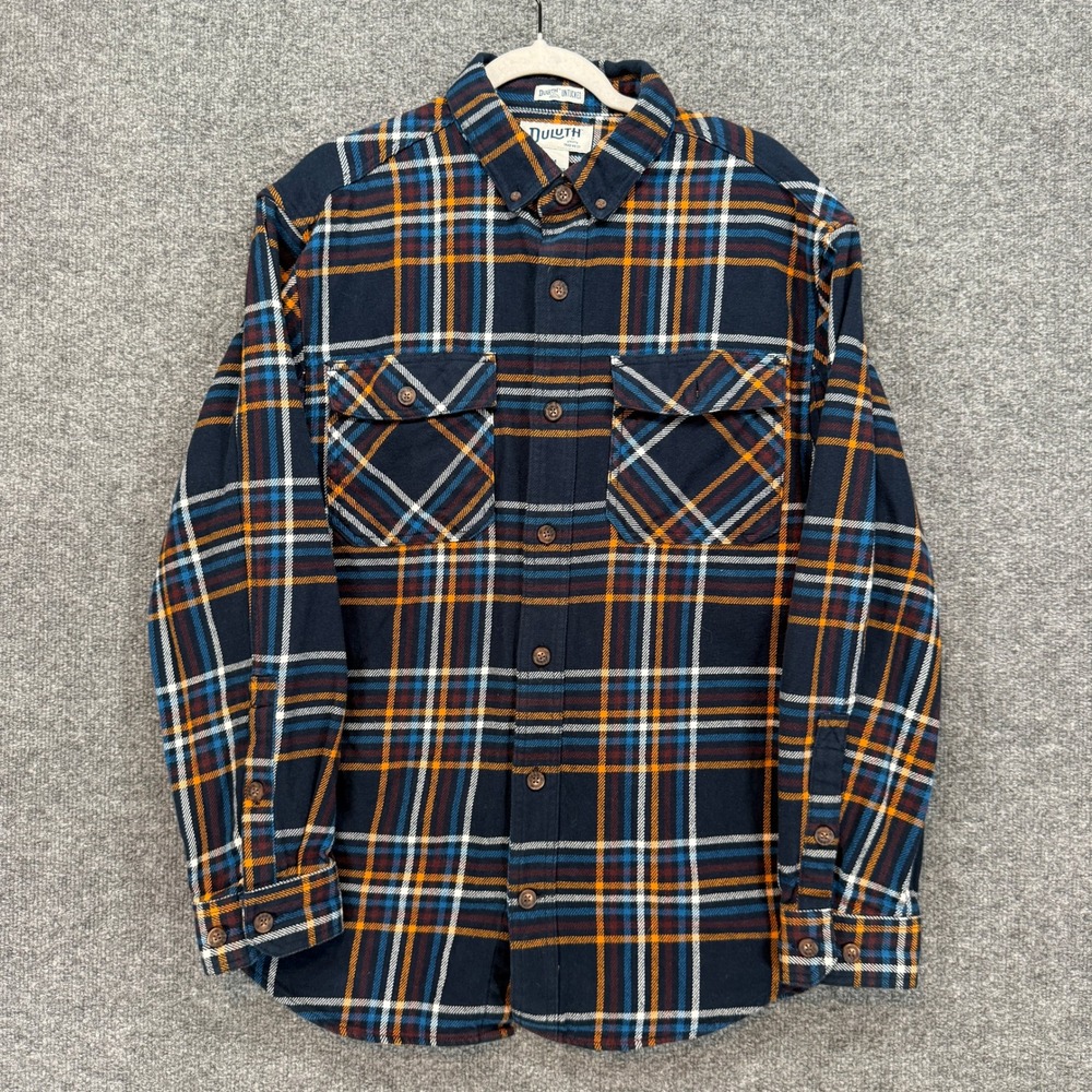 Duluth Flannel Shirt Men Medium Blue Plaid Untucked Relaxed Fit Button Down